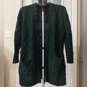 🌿 Forever 21 Women's Medium Long Dark Green Open Cardigan with Pockets 🌿